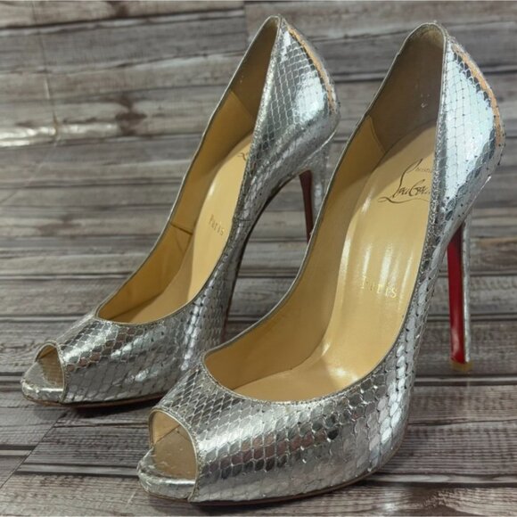 Christian Louboutin Lady Peep python snakeskin silver metallic hells shoes sz 36 - Picture 1 of 9
